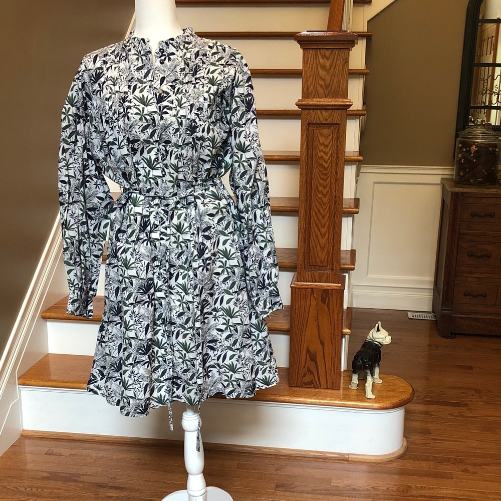Boden Black & White Floral Long-Sleeve A-Line Dress